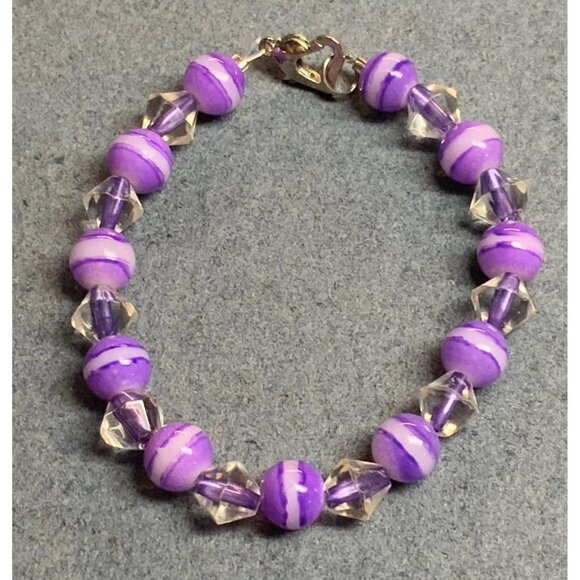 Watercolor Effect Beaded Bracelet 7.5 In Striped Purple Clear Silver Heart Clasp - Picture 1 of 4